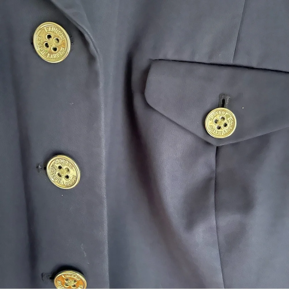 Ralph Lauren Navy Blue Silk‎ Blend Button Front Jacket & Silver Button Size: 14